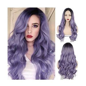 Women Long Wavy Synthetic Wig Light Purple Side Part Heat Resistant Full Wig Cos